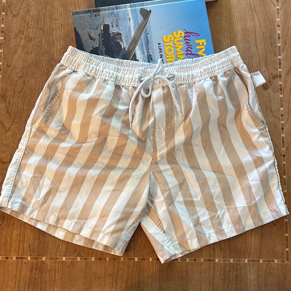 Tan and White Striped Swim Trunks with Elastic Waistband